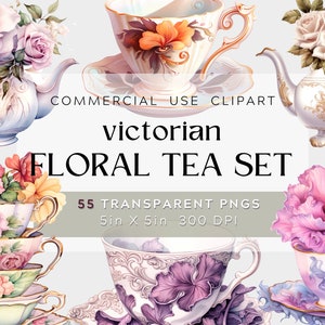 55 PNG Vintage Victorian Tea Time Teaset, Tea Set, Floral and delicate, Commercial Use, Digital clipart, Teatime, Transparent, BUNDLE