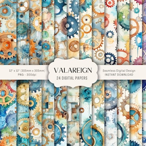 May include: 24 digital papers featuring watercolor illustrations of gears in various colors, including blue, green, orange, and red. The papers are seamless and can be used for scrapbooking, card making, and other craft projects.