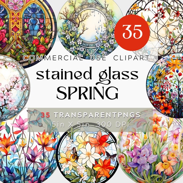 Stained Glass Spring Designs,  Mandala Watercolor Clipart BUNDLE Stained Glass Windows, Cathedral Flowers Transparent Commercial Use flowers