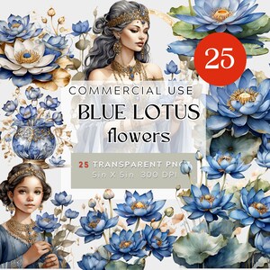 Clipart de flor de lótus azul, linda folhagem vintage, BUNDLE vitoriano floresce 300DPI fundo transparente para uso comercial, lírio ornamentado