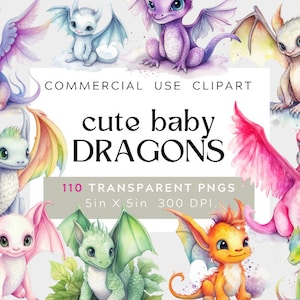110 PNG Watercolor Baby Dragons Clipart, Fantasy Baby Dragons, Baby Decor, Commercial Use, Digital clipart, Transparent Background, BUNDLE
