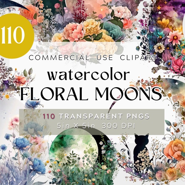 110 PNG Floral Moons, Watercolor clipart bundle. Transparent background commercial use, great for scrapbooks, cards, etc Digital clipart PNG