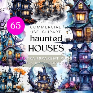 65 PNG Haunted House Clipart, whimsical halloween homes and cabins, transparent Clipart BUNDLE, commercial use, with pumpkins and skulls