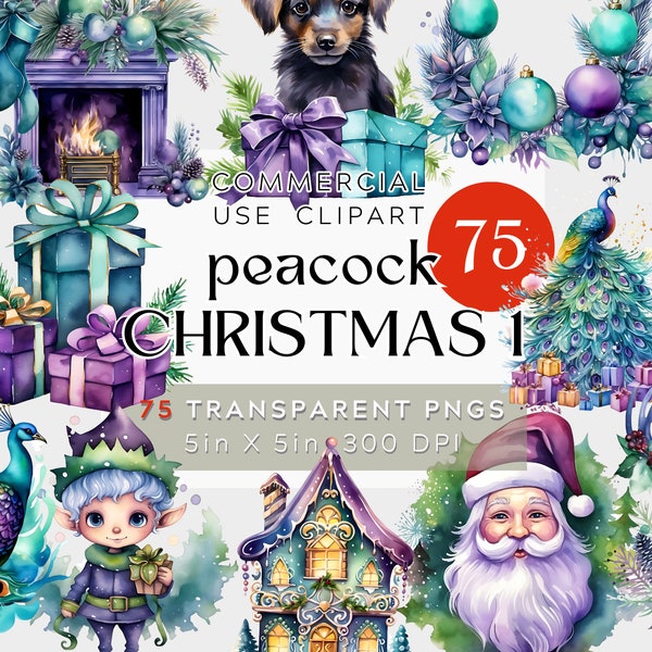 75 PNG Christmas Peacock Clipart, schattige Kerstman, elfen, puppy's, geschenken, bomen, lichten transparante Clipart BUNDEL, commercieel gebruik