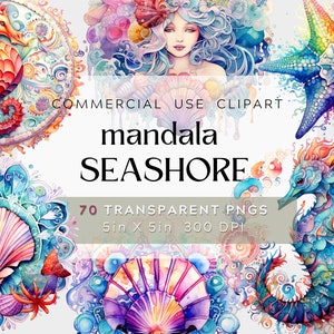 70 Seashore Mandala Watercolor Clipart BUNDLE - Simpatici animali dell'oceano PNG, stelle marine, conchiglie, cavallucci marini, cerchio trasparente BG uso commerciale