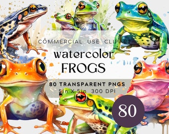 80 PNG Watercolor Stunning Frogs Clipart Bundle, Fantasy Frogs, Realistic and colorful, pretty frogs, Commercial Use, Digital clipart bundle
