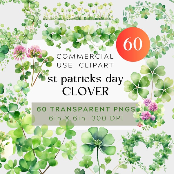 Clover watercolor clipart, 3, 4 and 5 leaf, wreaths, borders hearts BUNDLE green with flowers Transparent background, commercial use, 300DPI