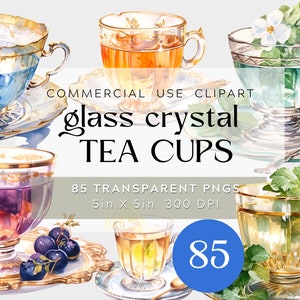 85 PNG Xícaras de chá de vidro, conjunto de chá de cristal, floral e delicado, chá de ervas e frutas, uso comercial, clipart digital, transparente, PACOTE