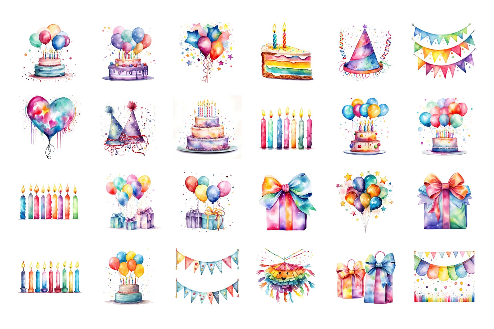 100 PNG Birthday Watercolor Clipart. BUNDLE Cute Cake, Balloons ...
