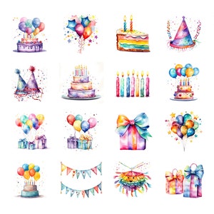 100 PNG Birthday Watercolor Clipart. BUNDLE Cute Cake, Balloons ...