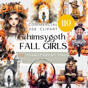 110 PNG Outono Outono Whimsygoth Girls, clipart de Halloween PACOTE transparente, uso comercial, jovens bruxas góticas com livros, gatos, raposa