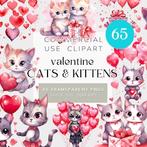 65 PNG chats et chatons, Saint-Valentin, lot de cliparts aquarelle, fond transparent, usage commercial, numérique, coeurs et fleurs, mignon !
