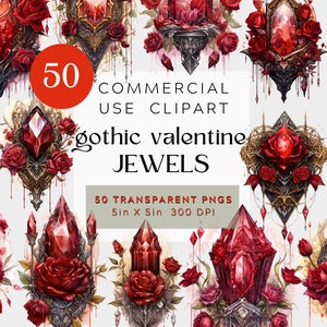 May include: 50 digital clipart images of gothic valentine jewels. Each image features a red gemstone surrounded by red roses and ornate gold and silver details. The images are 5 inches by 5 inches and 300 DPI.