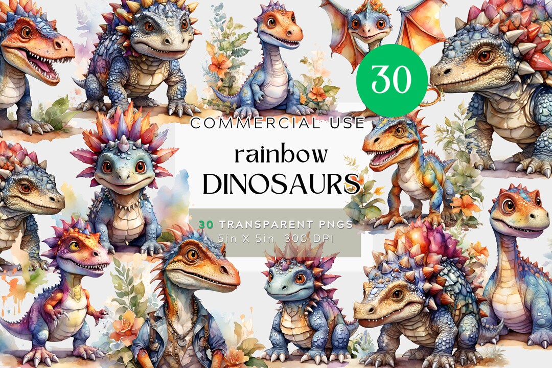 Colorful Dinosaurs, Watercolor Clipart BUNDLE PNG Transparent ...