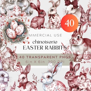 May include: 40 digital illustrations of Easter bunnies in a chinoiserie style. The bunnies are white and pink with red floral patterns and are holding eggs. The images are 6 inches by 6 inches and 300 DPI.