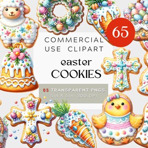 May include: 65 Easter cookie designs, including a bunny, chick, cross, bell, wreath, basket, and lamb.  The cookies are decorated with pastel colors, sprinkles, and candy.  COMMERCIAL USE CLIPART easter COOKIES 65 TRANSPARENT PNGS 5in x 5in 300 DPI