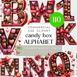 Puede incluir: Un conjunto de 26 letras del alfabeto hechas de cajas de bombones de chocolate. Cada letra está llena de chocolates surtidos y decorada con una cinta roja. Las letras están dispuestas en un orden aleatorio sobre un fondo blanco. 110 PNG transparentes 5 pulgadas x 5 pulgadas 300 DPI.