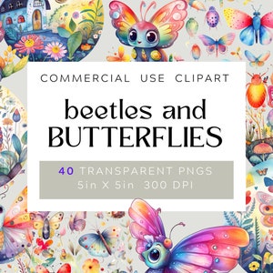 40 coléoptères et papillons, illustration aquarelle super mignonne PNG, éléments, utilisation commerciale, clipart numérique PNG, fond transparent
