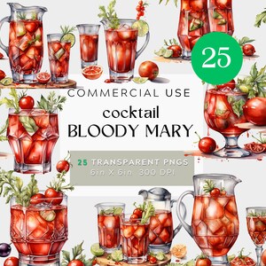 Bloody Mary Cocktail Acuarela Clipart, BUNDLE PNG, Fondo transparente, uso comercial, bodas 300DPI, aniversarios de cumpleaños, rojo