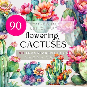90 PNG Kaktus Clipart, hübsche blühende Kakteen, transparente Clipart BUNDLE, Aquarell, kommerzielle Nutzung, blühend, Bunt Hochzeit Botanical