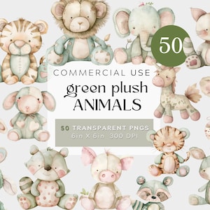 Paquete de imágenes prediseñadas de juguetes rellenos, animales de peluche de peluche verde fantasía lindos osos azules, conejitos, gatos, cerdos, ciervos, archivos digitales de uso comercial