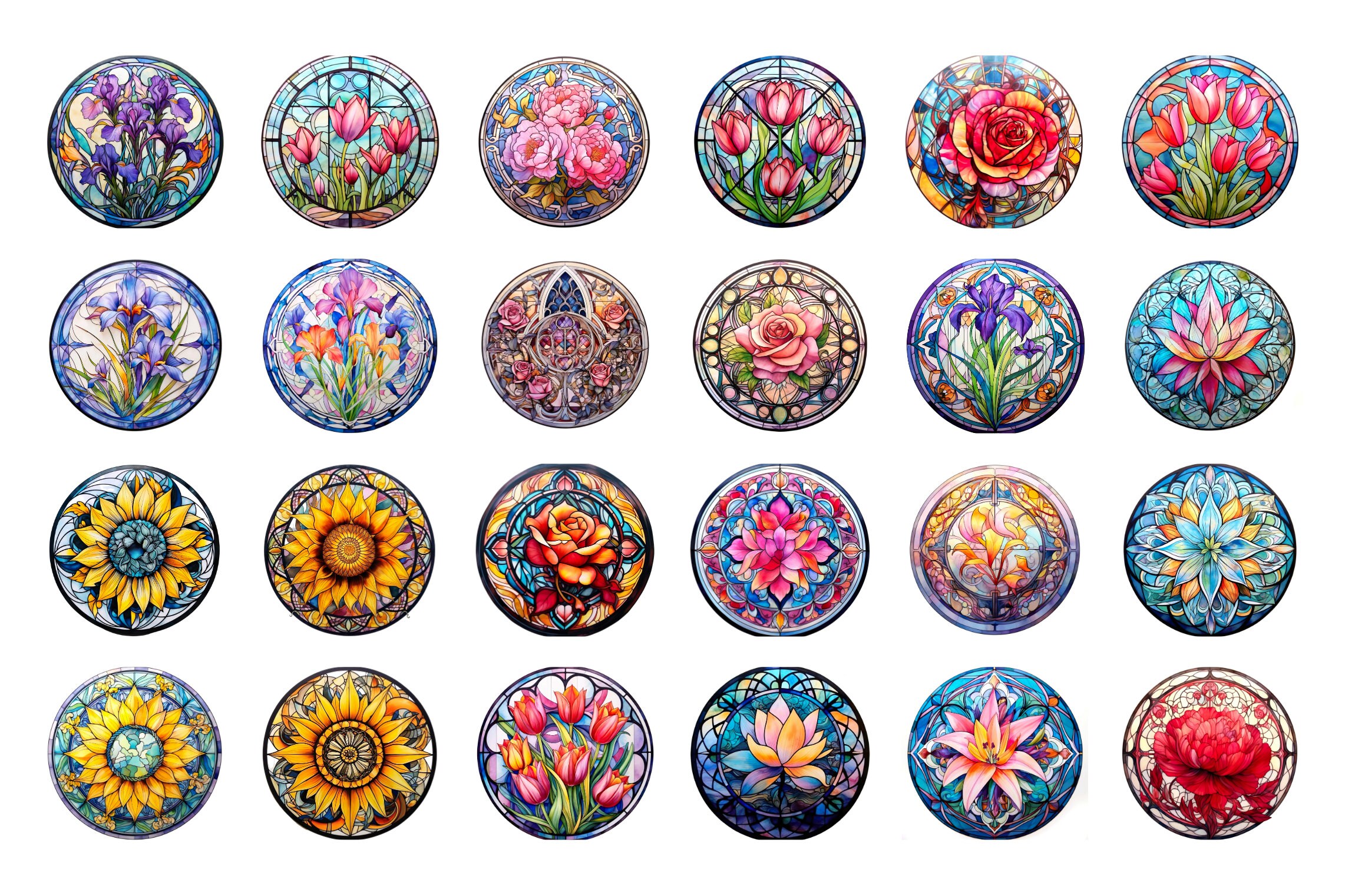 110 PNG Stained Glass Floral Designs, Mandala Watercolor Clipart BUNDLE ...