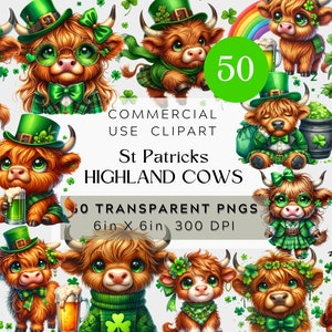 St Patrick's Day Highland Cows, akvarell Clipart-paket, kommersiellt bruk, digital transparent bakgrund, regnbågar, klöver, guld och öl