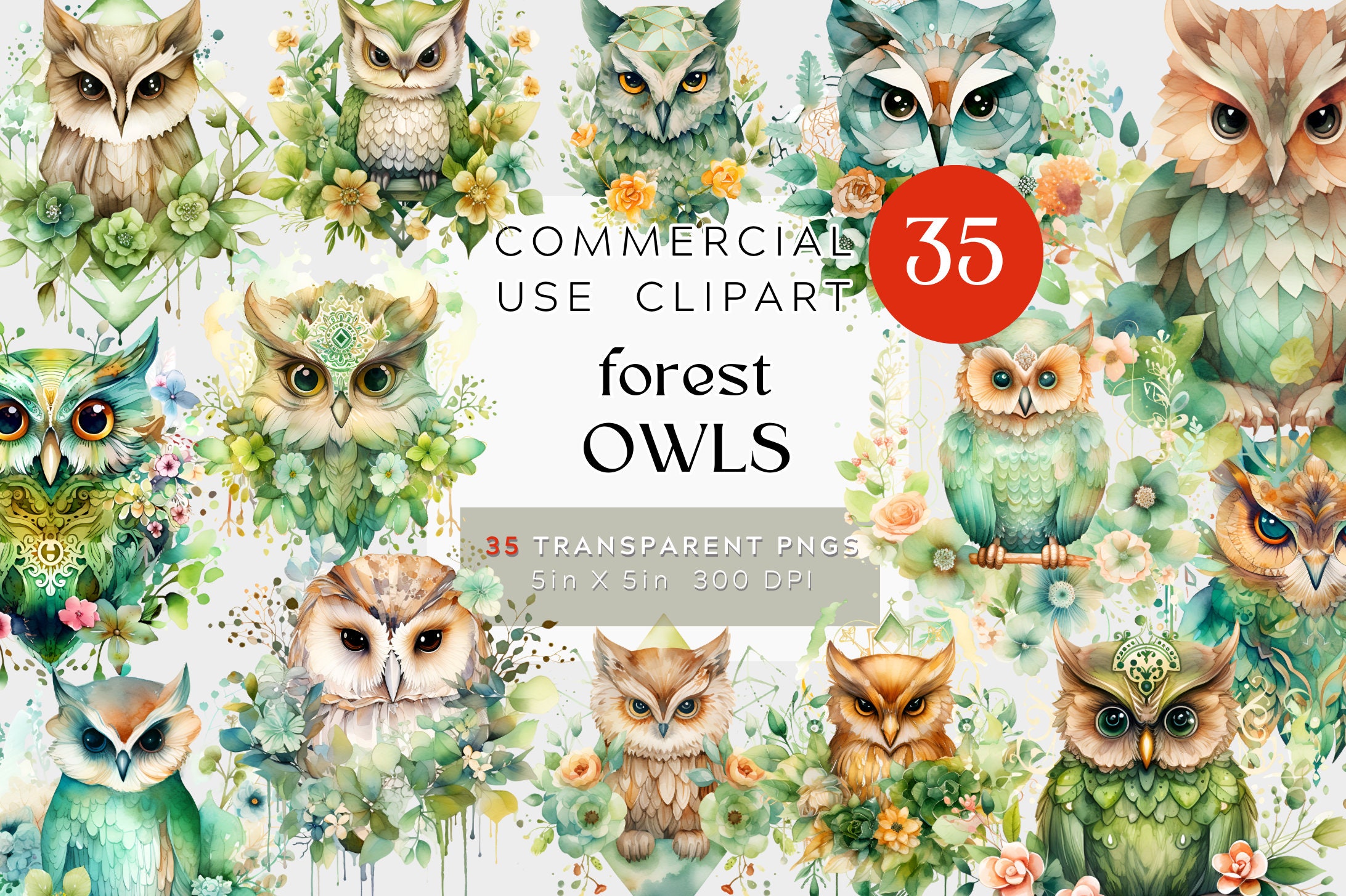 Forest Owls Watercolor Clipart Bundle, geometric night OWLS, Commercial Use, Digital transparent bac