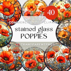Stained Glass California Poppies Clipart Mandala Aquarell Clipart BUNDLE Glasmalerei Fenster, Kathedralen Blumen Transparent Kommerziell