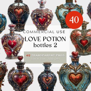 May include: A set of 40 digital images of ornate love potion bottles with heart-shaped glass and gold accents. The bottles are 5 inches by 5 inches and 300 DPI.