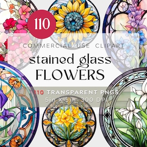 110 PNG Stained Glass Floral Designs,  Mandala Watercolor Clipart BUNDLE Stained Glass Windows, Cathedral Flowers Transparent Commercial Use