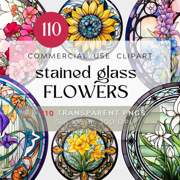 110 PNG Stained Glass Floral Designs,  Mandala Watercolor Clipart BUNDLE Stained Glass Windows, Cathedral Flowers Transparent Commercial Use