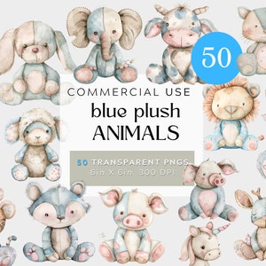 Pacote de clipart de brinquedos de pelúcia, pelúcia azul Animais de pelúcia Fantasia Ursos azuis fofos, coelhos, cachorrinhos, vacas, guaxinim Arquivos digitais de uso comercial