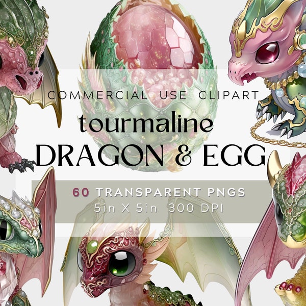 60 Floral Tourmaline Dragon and Egg Clipart, October Birthstone Clipart, Gemstone png- Digital watercolor pack- commercial use, bundle