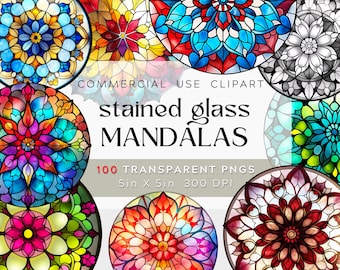 100 PNG Stained Glass Designs,  Mandala Watercolor Clipart BUNDLE Stained Glass Windows, cathedral Circles Transparent BG Commercial Use