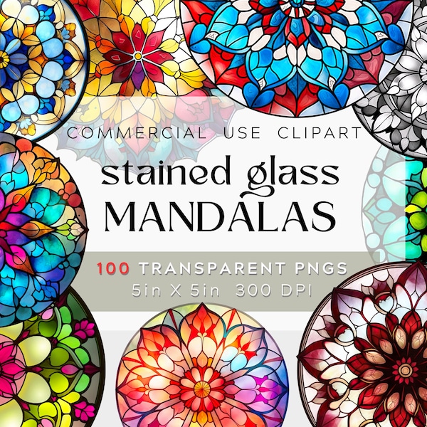 100 PNG Stained Glass Designs,  Mandala Watercolor Clipart BUNDLE Stained Glass Windows, cathedral Circles Transparent BG Commercial Use