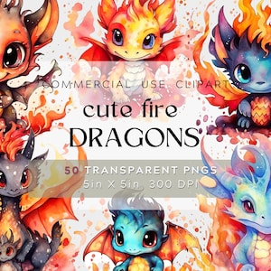 50 PNG Watercolor Fire Dragons Clipart, Fantasy Baby Dragons, Baby Decor, Commercial Use, Digital clipart, Transparent Background, BUNDLE