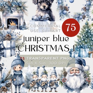 75 PNG Christmas Juniper Blue Clipart, adorable Xmas Santa, elves, puppies, gifts, trees, lights transparent Clipart BUNDLE,  commercial use