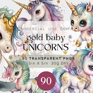 90 PNG Watercolor Gold Unicorn Clipart, Fantasy Colorful Unicorns, Commercial Use, Digital clipart PNG, Transparent Background BUNDLE