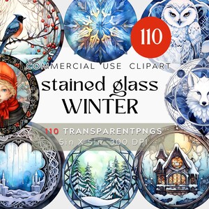 110 png gebrandschilderd glas wintersneeuw ontwerpen, aquarel clipart, ronde kathedraal ramen, transparante BG, commercieel gebruik BUNDEL, mandala