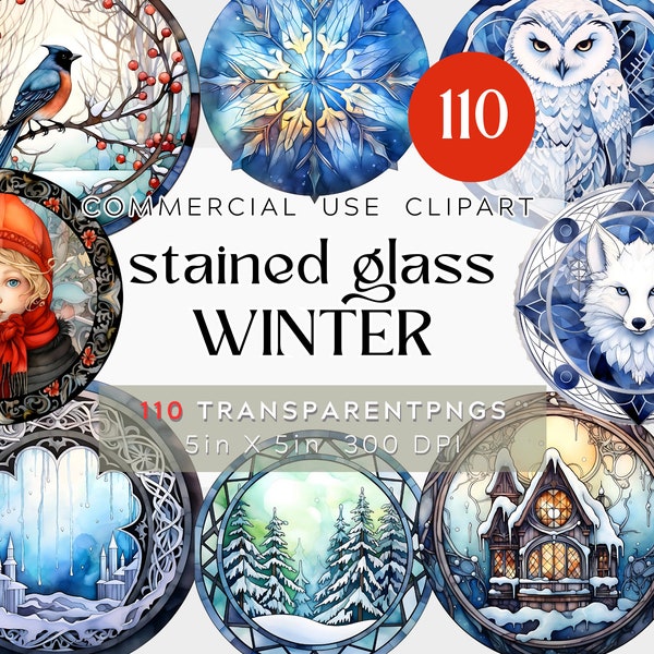 110 PNG Stained Glass Winter Snow Designs,  Watercolor Clipart, Round cathedral windows, Transparent BG, Commercial Use BUNDLE, mandala