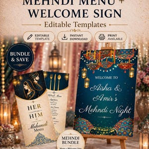 May include: A collection of Mehndi-themed wedding stationery, including a welcome sign and menu cards. The welcome sign, displayed on an easel, features a teal background with decorative umbrellas and lanterns. The menu cards have gold accents and the text "HER" and "HIM".