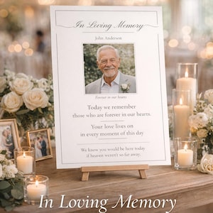 May include: A memorial sign with the text "In Loving Memory" and a photo of a man. The sign includes additional text about remembrance and is displayed on a wooden easel. The sign is surrounded by candles and flowers.