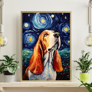 May include: A painting of a basset hound dog with a white and brown coat, looking up at a starry night sky. The background is a blue and white swirling pattern reminiscent of Van Gogh's Starry Night.
