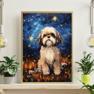 May include: A painting of a small, brown and white dog sitting in a field of grass with a blue starry night sky in the background.