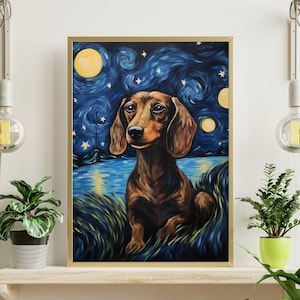 May include: A brown dachshund dog sits in a field of grass against a blue and white starry night sky. The painting is reminiscent of Vincent van Gogh's Starry Night.