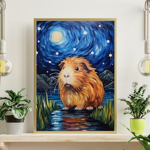 May include: A painting of a brown and white guinea pig standing in a stream of water. The background is a blue and white starry night sky with a large moon.