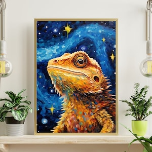 May include: A painting of a bearded dragon against a blue and starry background. The dragon is looking up at the stars with its mouth slightly open. The painting is done in a style that resembles impressionism.