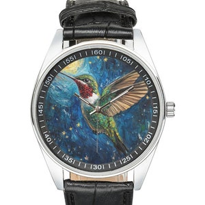 Starry Night Hummingbird Watch with Black Leather Band, Watches for Men and Women - Perfect Gift for Hummingbird Lovers
