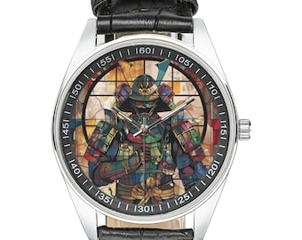 Stained Glass Samurai Watch: Black Leather Band, Stainless Steel Case
